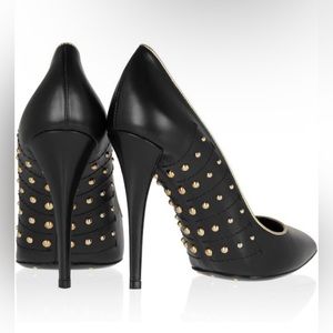 YSL Black Leather Pumps w Gold Trim + Studs * Sz 40 1/2 Dust Bags & Box Included